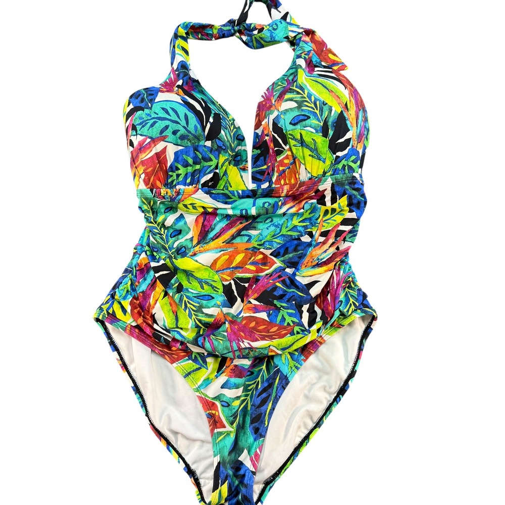 Lauren Ralph Lauren Tropical Leaf Halter One Piece Swimsuit Multicolor Size 16